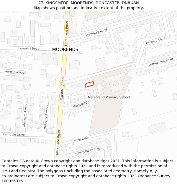 27, KINGSMEDE, MOORENDS, DONCASTER, DN8 4SN: Location map and indicative extent of plot