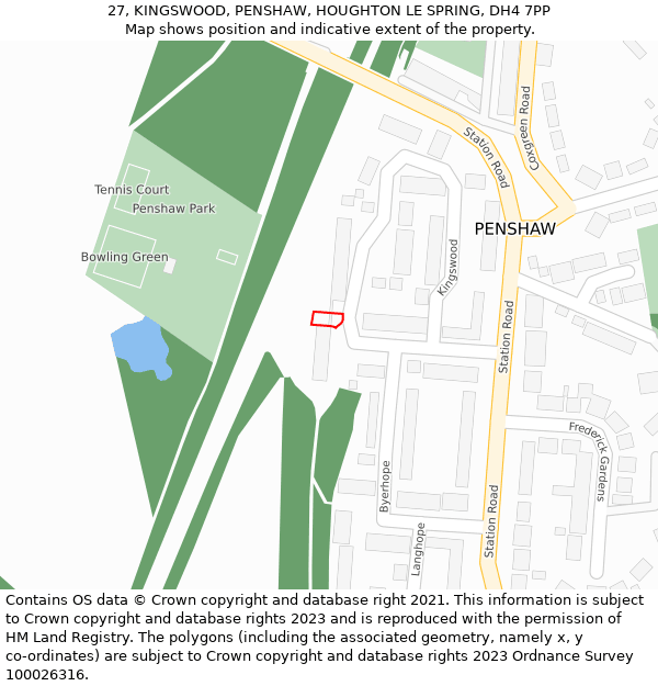 27, KINGSWOOD, PENSHAW, HOUGHTON LE SPRING, DH4 7PP: Location map and indicative extent of plot