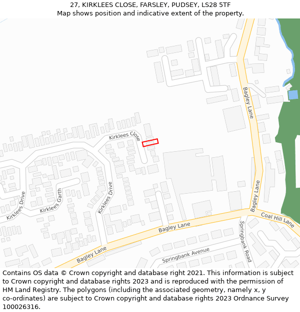 27, KIRKLEES CLOSE, FARSLEY, PUDSEY, LS28 5TF: Location map and indicative extent of plot