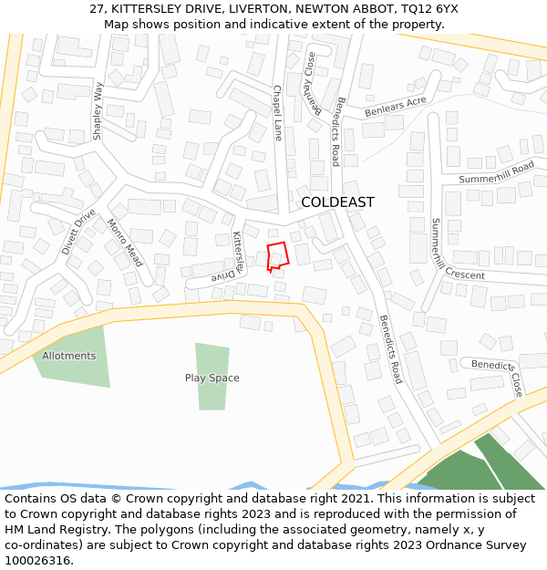 27, KITTERSLEY DRIVE, LIVERTON, NEWTON ABBOT, TQ12 6YX: Location map and indicative extent of plot