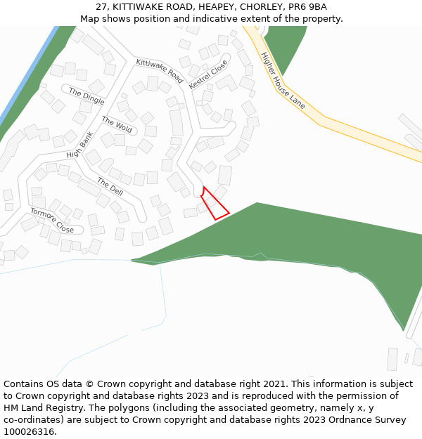 27, KITTIWAKE ROAD, HEAPEY, CHORLEY, PR6 9BA: Location map and indicative extent of plot
