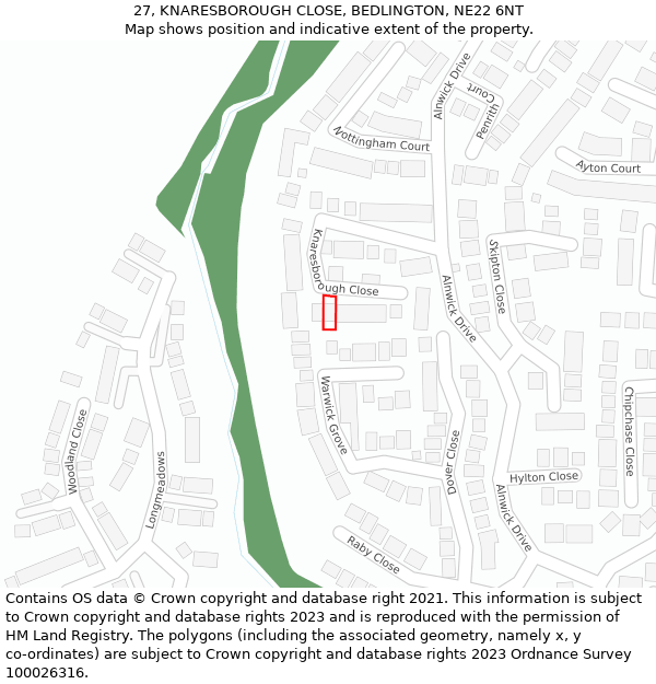 27, KNARESBOROUGH CLOSE, BEDLINGTON, NE22 6NT: Location map and indicative extent of plot