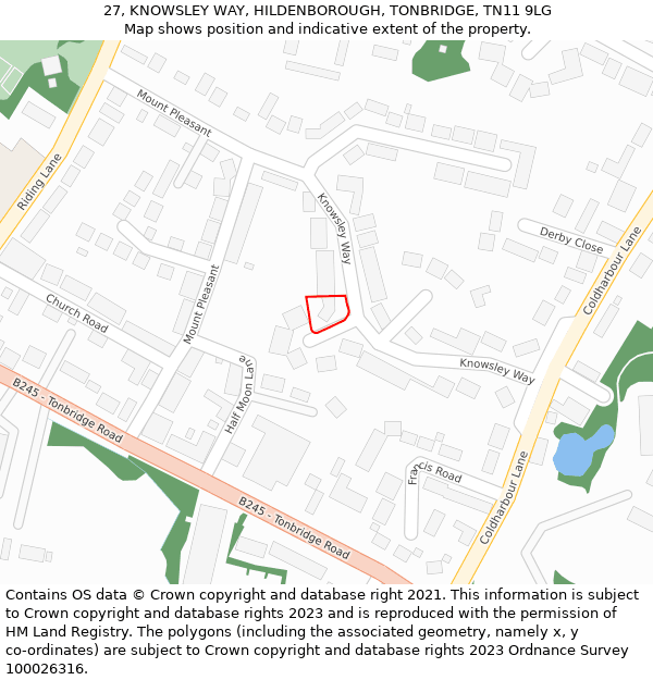 27, KNOWSLEY WAY, HILDENBOROUGH, TONBRIDGE, TN11 9LG: Location map and indicative extent of plot