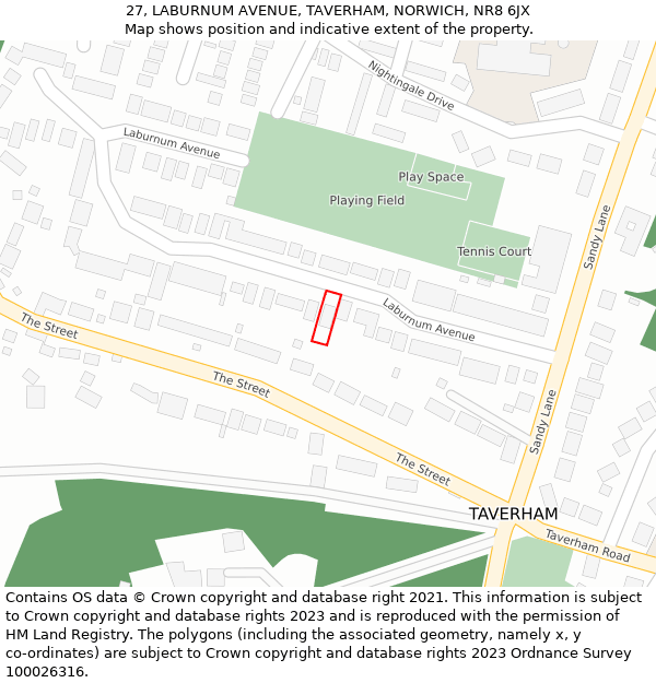 27, LABURNUM AVENUE, TAVERHAM, NORWICH, NR8 6JX: Location map and indicative extent of plot