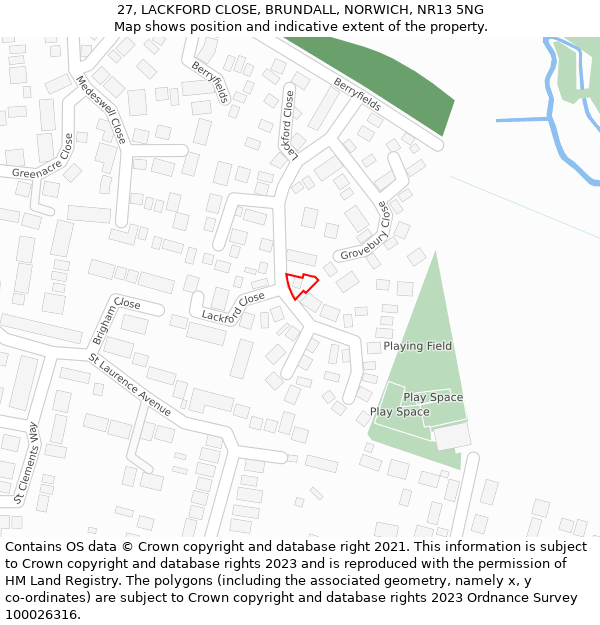 27, LACKFORD CLOSE, BRUNDALL, NORWICH, NR13 5NG: Location map and indicative extent of plot