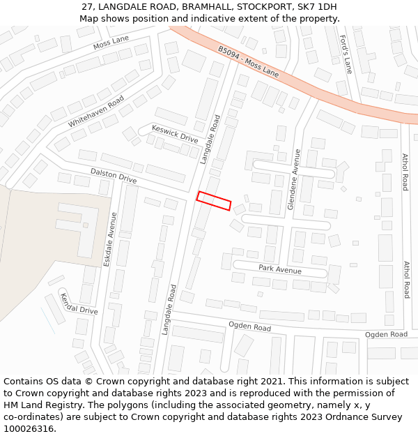 27, LANGDALE ROAD, BRAMHALL, STOCKPORT, SK7 1DH: Location map and indicative extent of plot