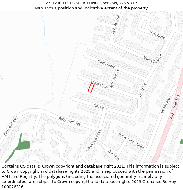 27, LARCH CLOSE, BILLINGE, WIGAN, WN5 7PX: Location map and indicative extent of plot