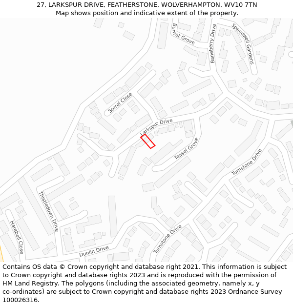 27, LARKSPUR DRIVE, FEATHERSTONE, WOLVERHAMPTON, WV10 7TN: Location map and indicative extent of plot