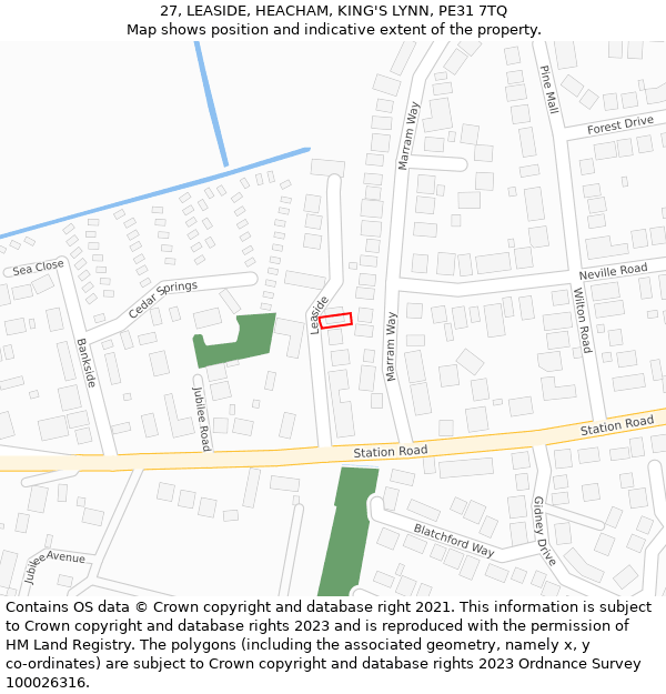 27, LEASIDE, HEACHAM, KING'S LYNN, PE31 7TQ: Location map and indicative extent of plot