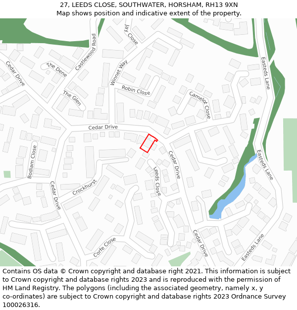 27, LEEDS CLOSE, SOUTHWATER, HORSHAM, RH13 9XN: Location map and indicative extent of plot