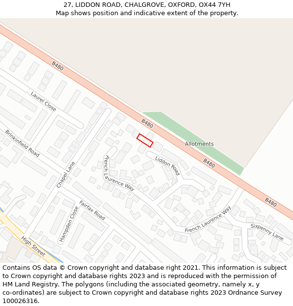 27, LIDDON ROAD, CHALGROVE, OXFORD, OX44 7YH: Location map and indicative extent of plot