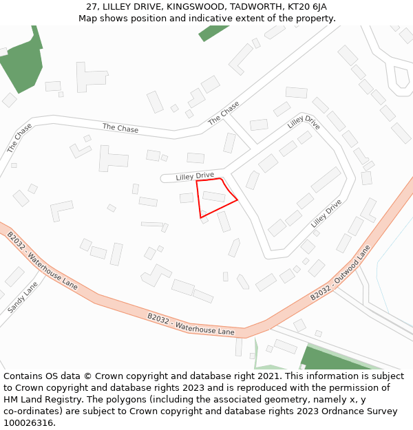 27, LILLEY DRIVE, KINGSWOOD, TADWORTH, KT20 6JA: Location map and indicative extent of plot