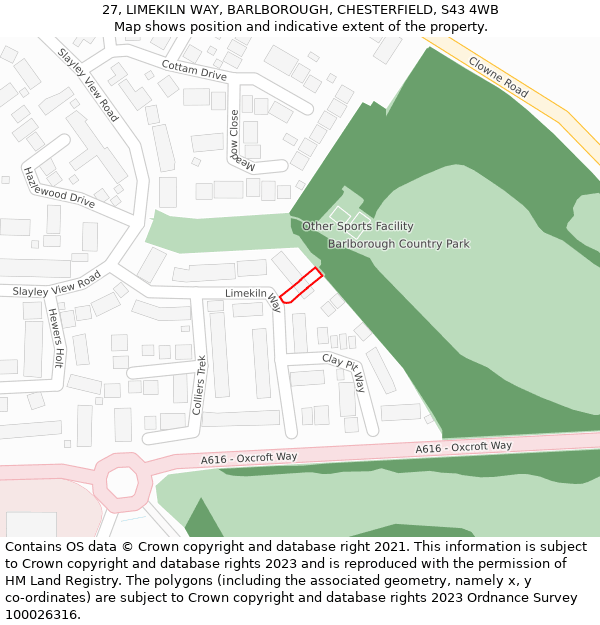 27, LIMEKILN WAY, BARLBOROUGH, CHESTERFIELD, S43 4WB: Location map and indicative extent of plot