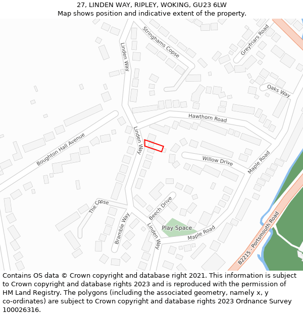 27, LINDEN WAY, RIPLEY, WOKING, GU23 6LW: Location map and indicative extent of plot