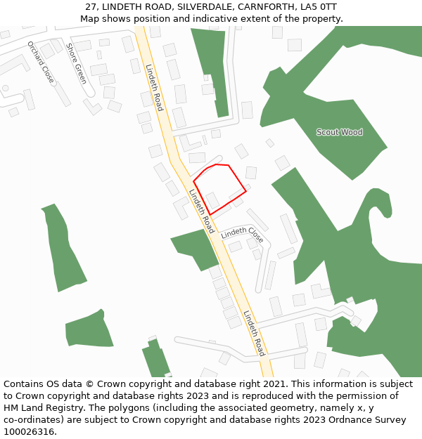 27, LINDETH ROAD, SILVERDALE, CARNFORTH, LA5 0TT: Location map and indicative extent of plot