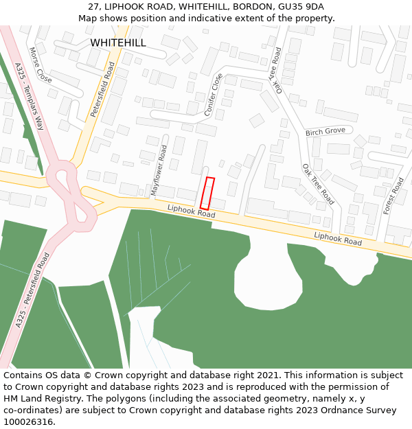 27, LIPHOOK ROAD, WHITEHILL, BORDON, GU35 9DA: Location map and indicative extent of plot