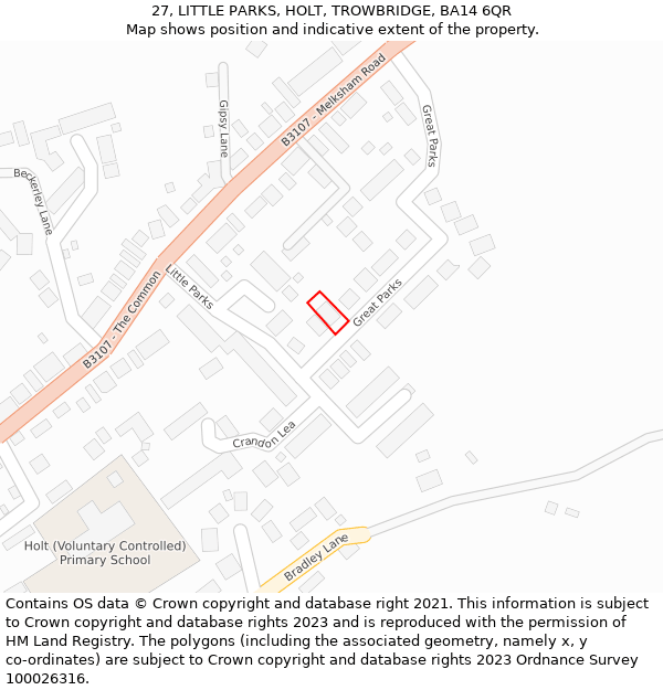 27, LITTLE PARKS, HOLT, TROWBRIDGE, BA14 6QR: Location map and indicative extent of plot