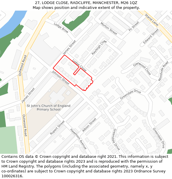 27, LODGE CLOSE, RADCLIFFE, MANCHESTER, M26 1QZ: Location map and indicative extent of plot