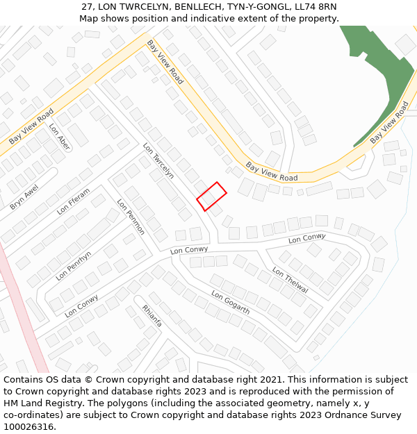 27, LON TWRCELYN, BENLLECH, TYN-Y-GONGL, LL74 8RN: Location map and indicative extent of plot