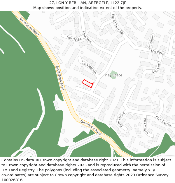 27, LON Y BERLLAN, ABERGELE, LL22 7JF: Location map and indicative extent of plot