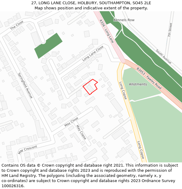 27, LONG LANE CLOSE, HOLBURY, SOUTHAMPTON, SO45 2LE: Location map and indicative extent of plot