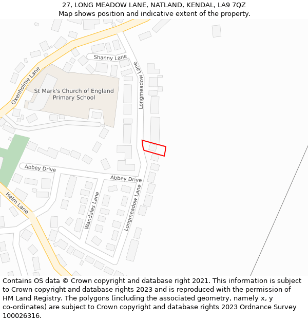 27, LONG MEADOW LANE, NATLAND, KENDAL, LA9 7QZ: Location map and indicative extent of plot