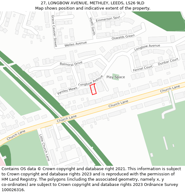 27, LONGBOW AVENUE, METHLEY, LEEDS, LS26 9LD: Location map and indicative extent of plot