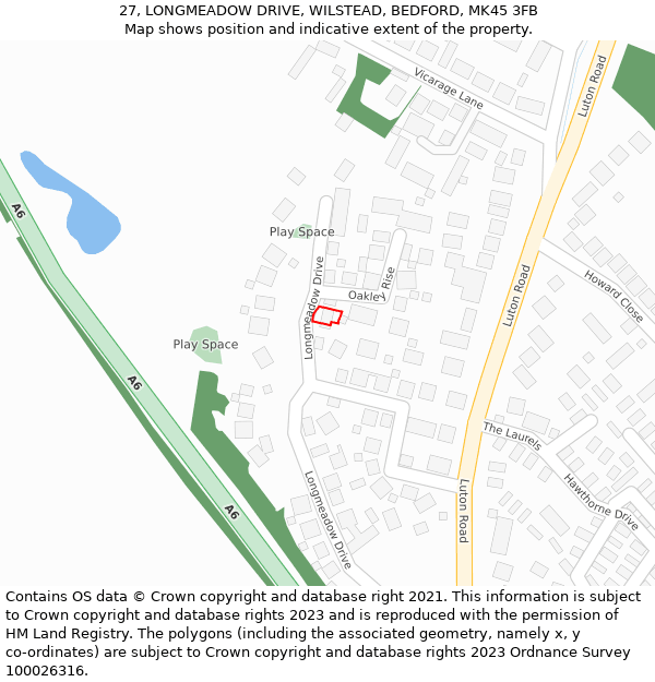 27, LONGMEADOW DRIVE, WILSTEAD, BEDFORD, MK45 3FB: Location map and indicative extent of plot