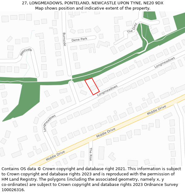 27, LONGMEADOWS, PONTELAND, NEWCASTLE UPON TYNE, NE20 9DX: Location map and indicative extent of plot