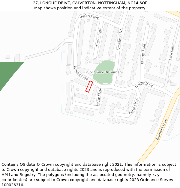 27, LONGUE DRIVE, CALVERTON, NOTTINGHAM, NG14 6QE: Location map and indicative extent of plot