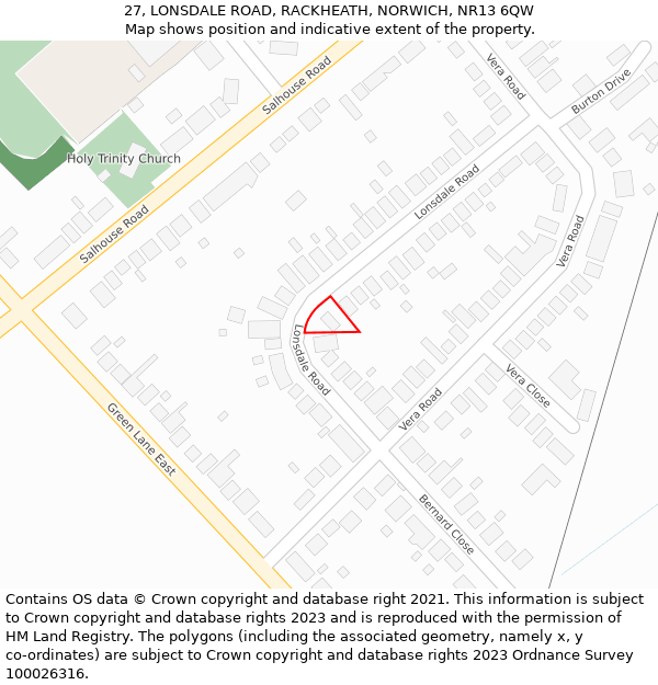 27, LONSDALE ROAD, RACKHEATH, NORWICH, NR13 6QW: Location map and indicative extent of plot