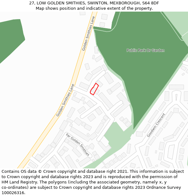 27, LOW GOLDEN SMITHIES, SWINTON, MEXBOROUGH, S64 8DF: Location map and indicative extent of plot