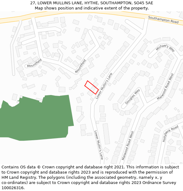 27, LOWER MULLINS LANE, HYTHE, SOUTHAMPTON, SO45 5AE: Location map and indicative extent of plot