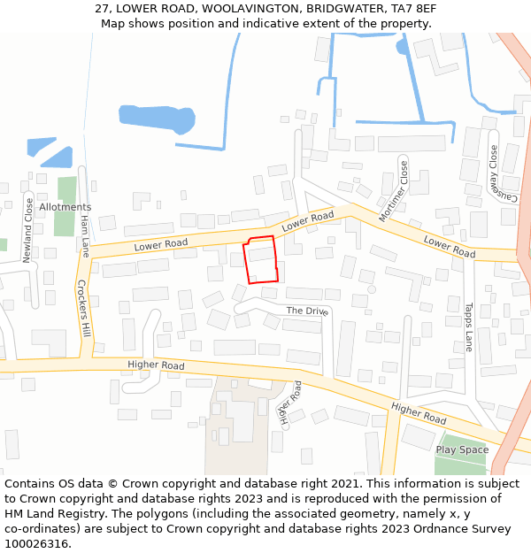 27, LOWER ROAD, WOOLAVINGTON, BRIDGWATER, TA7 8EF: Location map and indicative extent of plot