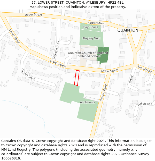27, LOWER STREET, QUAINTON, AYLESBURY, HP22 4BL: Location map and indicative extent of plot