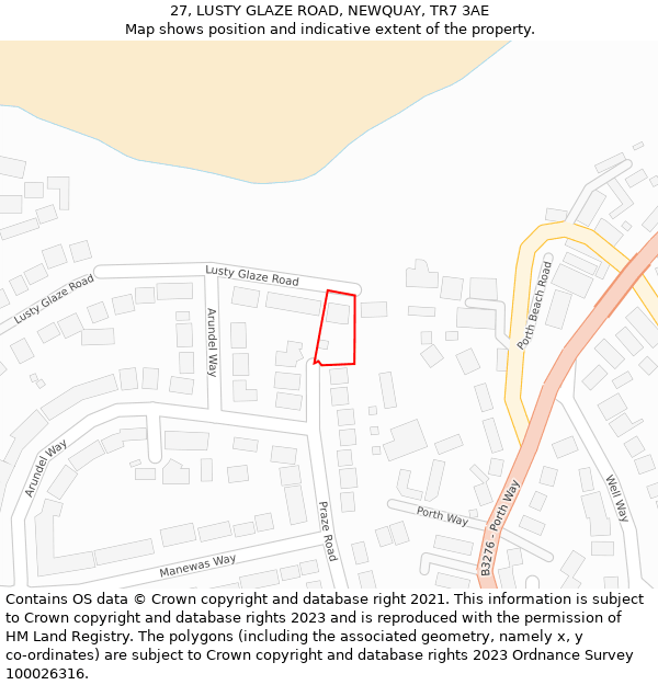 27, LUSTY GLAZE ROAD, NEWQUAY, TR7 3AE: Location map and indicative extent of plot