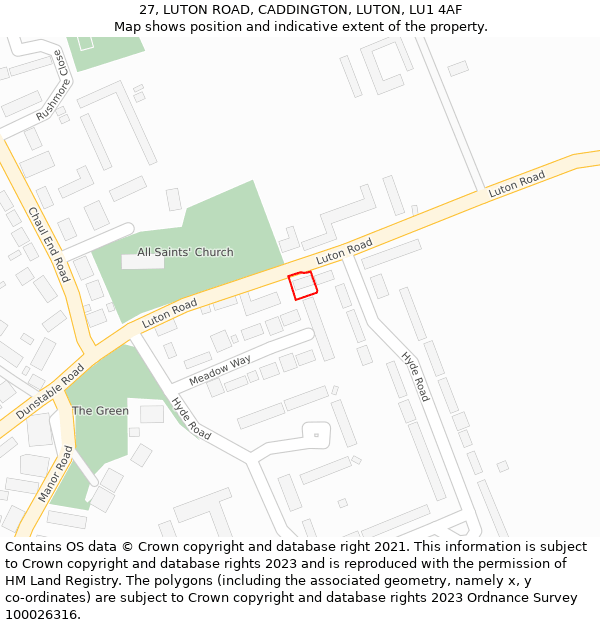 27, LUTON ROAD, CADDINGTON, LUTON, LU1 4AF: Location map and indicative extent of plot