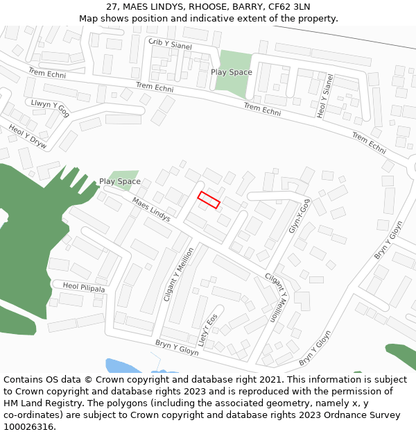 27, MAES LINDYS, RHOOSE, BARRY, CF62 3LN: Location map and indicative extent of plot