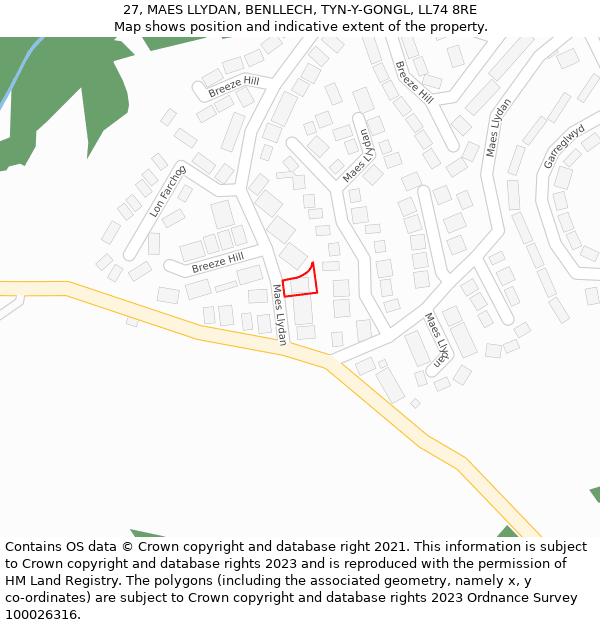 27, MAES LLYDAN, BENLLECH, TYN-Y-GONGL, LL74 8RE: Location map and indicative extent of plot