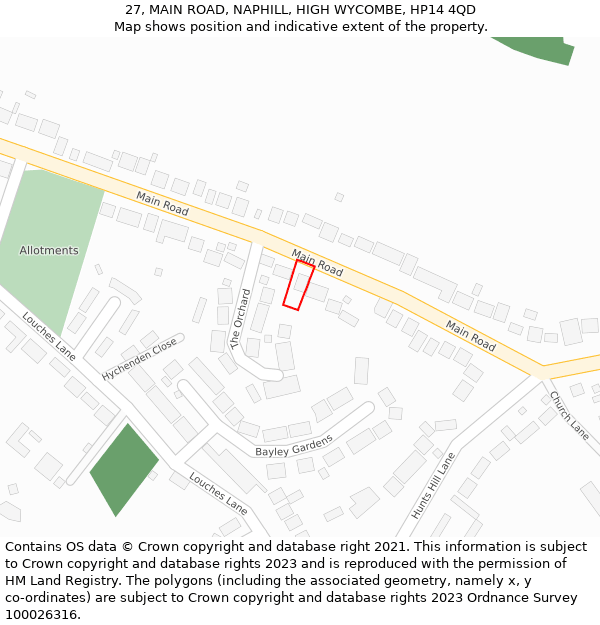 27, MAIN ROAD, NAPHILL, HIGH WYCOMBE, HP14 4QD: Location map and indicative extent of plot