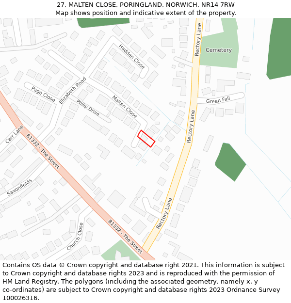 27, MALTEN CLOSE, PORINGLAND, NORWICH, NR14 7RW: Location map and indicative extent of plot