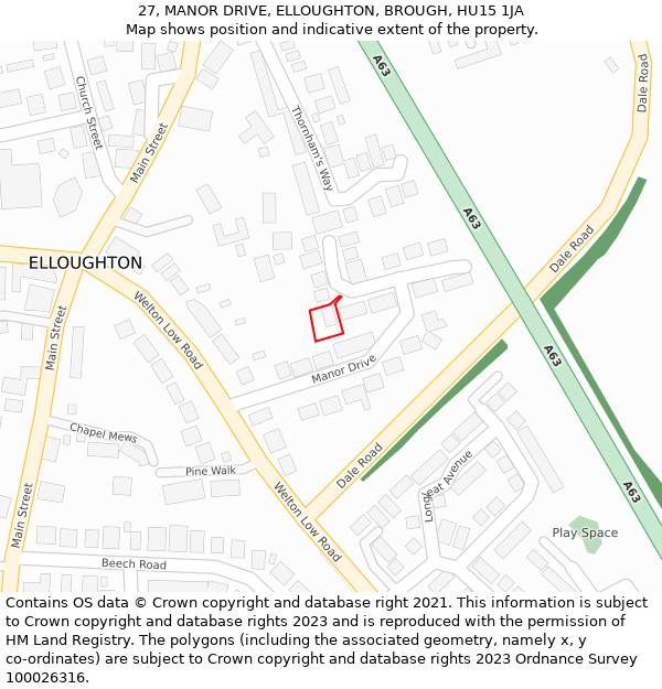 27, MANOR DRIVE, ELLOUGHTON, BROUGH, HU15 1JA: Location map and indicative extent of plot