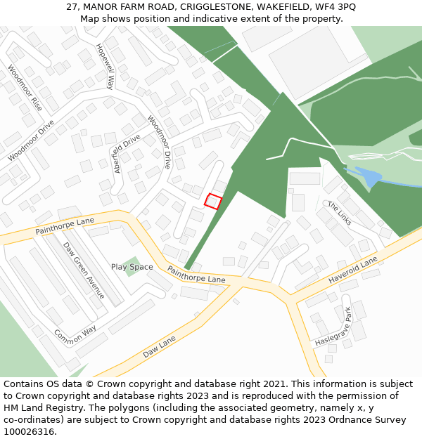 27, MANOR FARM ROAD, CRIGGLESTONE, WAKEFIELD, WF4 3PQ: Location map and indicative extent of plot