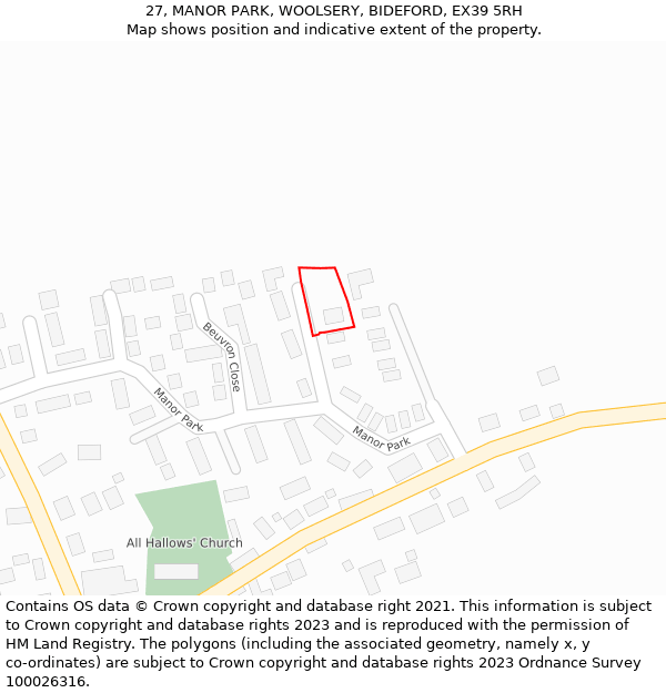 27, MANOR PARK, WOOLSERY, BIDEFORD, EX39 5RH: Location map and indicative extent of plot