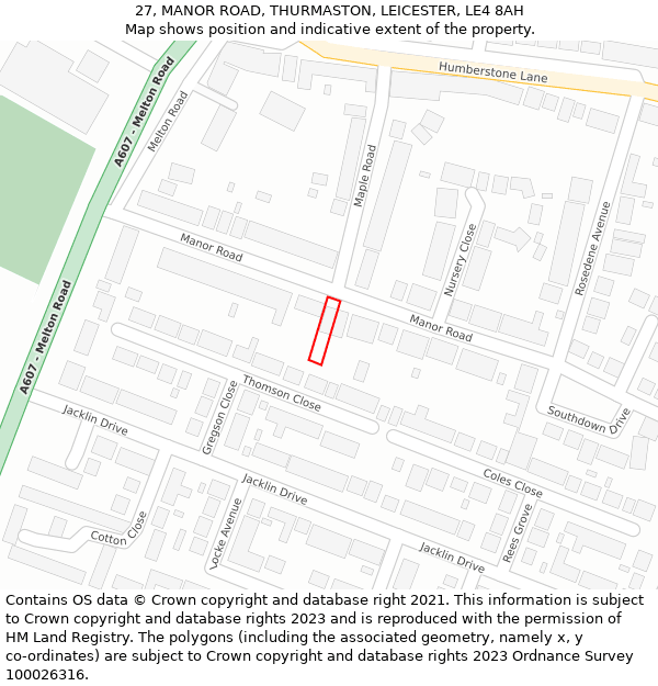 27, MANOR ROAD, THURMASTON, LEICESTER, LE4 8AH: Location map and indicative extent of plot