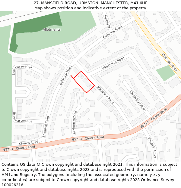 27, MANSFIELD ROAD, URMSTON, MANCHESTER, M41 6HF: Location map and indicative extent of plot