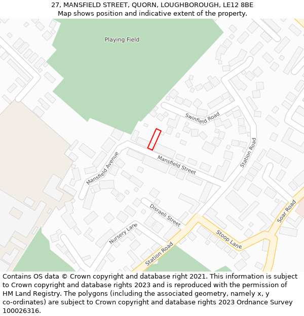 27, MANSFIELD STREET, QUORN, LOUGHBOROUGH, LE12 8BE: Location map and indicative extent of plot