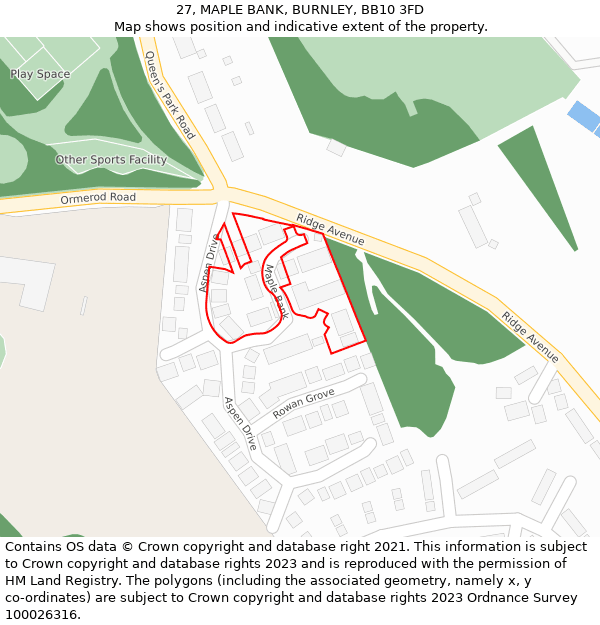27, MAPLE BANK, BURNLEY, BB10 3FD: Location map and indicative extent of plot