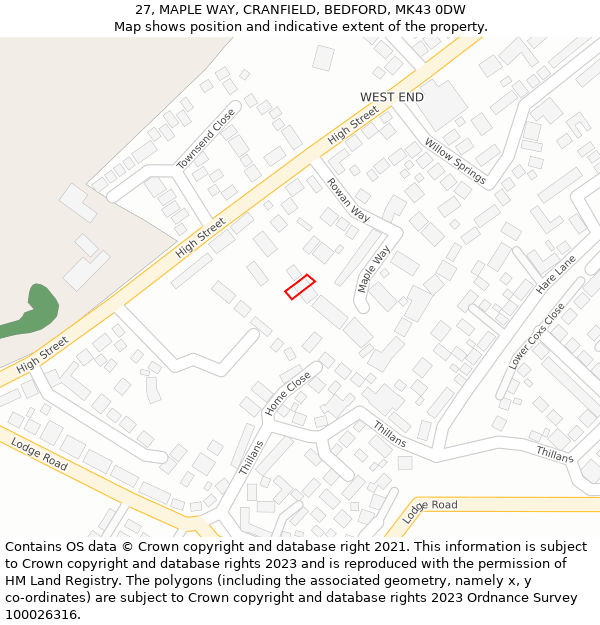 27, MAPLE WAY, CRANFIELD, BEDFORD, MK43 0DW: Location map and indicative extent of plot