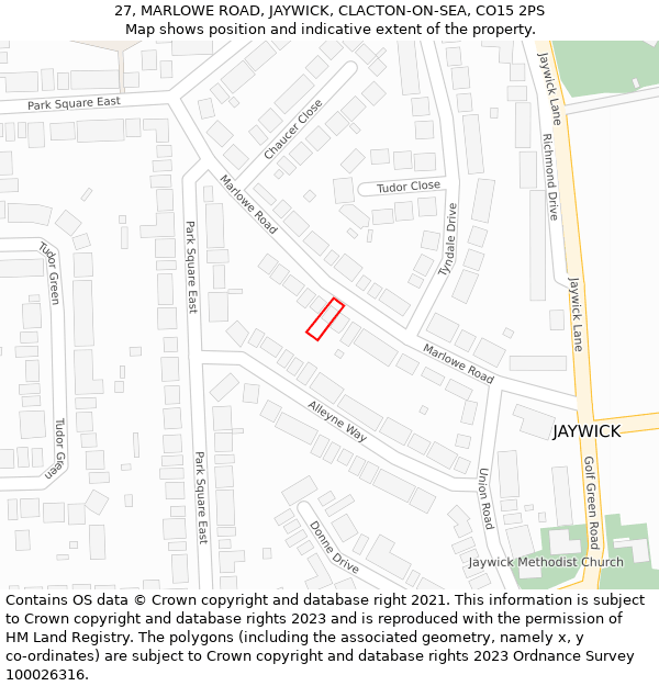 27, MARLOWE ROAD, JAYWICK, CLACTON-ON-SEA, CO15 2PS: Location map and indicative extent of plot